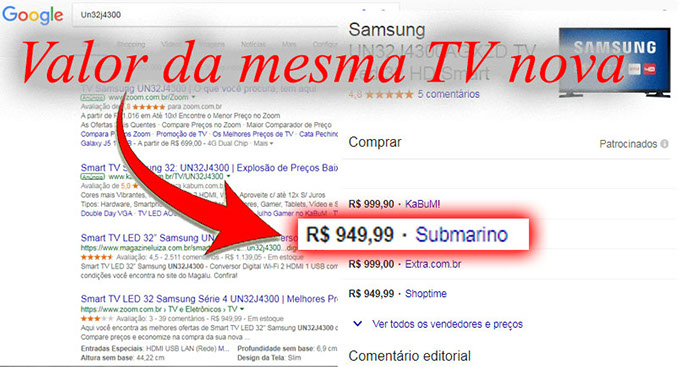 demonstração de valor de televisão nova por 949 reais